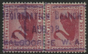 West Aust: Kalgoorlie: 'REGISTRATION BRANCH/2-AUG98/KALGOORLIE W.A.' boxed datestamp in violet (type RRS 2-a, recorded 1897-1902 only) on Swans 1d red pair.