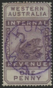 West Aust: Kurawa: 'KURAWA/JY13/98/W.A' cds (large letters; 26mm diameter) in violet on Swan 1d violet postal fiscal. RO 1896; renamed Broad Arrow 1898 [Gold Mining]