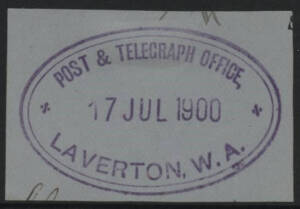 West Aust: Laverton: ‘POST & TELEGRAPH OFFICE,/17JUL1900/LAVERTON, W.A.’ triple-oval d/s (type ORS1) in violet on plain piece. RO 30.8.1896; PO 8.2.1897. [Recorded in use from July 1900 - July 1903 only; earliest recorded date]