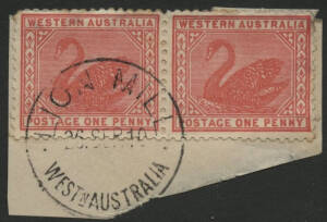 West Aust: Lion Mill: 'LION MILL/26SEP10/WESTN AUSTRALIA' cds on Swan 1d pink pair on piece. RO 1.7.1895; PO ?.1.1896; AO 1.1.1905; closed ?.7.1924. [Timber Mill]