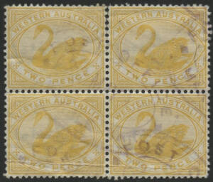 West Aust: Marble Bar: 'POST OFFICE/22MAY97/MARBLE BAR' triple-oval datestamp (type ORS2; recorded 1897-99 only) light but obvious multiple strikes in violet on Swan 2d yellow block of 4. P&TO 25.8.1894 [Gold Mining]