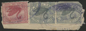 West Aust: Mount Leonora: 'POST & TELEGRAPH OFFICE/21JUN1899/MT. LEONORA. W.A.' triple-ring oval rubber cancel in violet almost complete strike on Swan 2d grey pair & 1d red on piece plus another partial strike alongside. Opened as P&TO 22.10.1897, offici