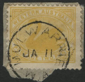 West Aust: Mulwarrie: 'MULWARRIE/JA11/ /W.A' cds (no year plugs) on Swan 2d yellow on small piece. Renamed from Mount Higgins RO 19.4.1901; SO 1.2.1907; AO 1.4.1908; closed 9.9.1908. [Gold Mining]