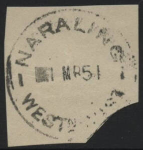 West Aust: Naraling: 'NARALING/1MR51/WESTN AUST' cds on piece of 'Postmasters' form. AO 6.5.1912; RO 15.4.1916; AO (1927); closed 1.7.1980.