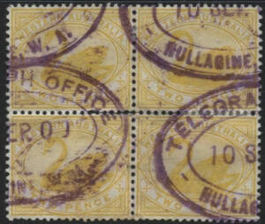 West Aust: Nullagine: ‘TELEGRAPH OFFICE/10SEP00/NULLAGINE, W.A.’ triple-oval d/s (type ORS2) four part-strikes in violet on Swans 2d yellow block of 4. RO 30.8.1896; PO 8.2.1897. [Recorded in use from June 1899 - Sept 1900 only; latest recorded date]