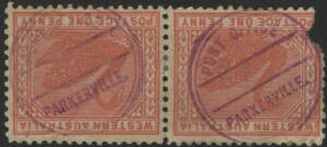 West Aust: Parkerville: ‘POST OFFICE/PARKERVILLE’ double-ring rubber cancel in violet (undated, type CRS, recorded 1906 only) two strikes on Swan 1d pink pair (one unit with corner fault). RO ?.8.1896; AO 1.2.1906; closed 1985.