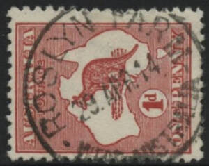 West Aust: Roslyn Farm: ‘ROSLYN FARM/29APR14/WESTN AUSTRALIA’ cds on Kangaroo 1d red. RO 1.7.1906; PO 16.3.1908; renamed Dindiloa PO circa 1925.