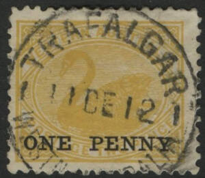 West Aust: Trafalgar: 'TRAFALGAR/11DE12/WESTN [AUST]RALIA' cds on Swan 2d yellow 'ONE PENNY' overprint. AO 6.12.1902; renamed Lake View 19.02.1904; renamed Trafalgar late 1904; closed 1930. [Gold Mining]