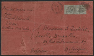 West Aust: Vasse: 'VASSE/JU26/1899/WESTERN AUSTRALIA' cds alongside Swans DLR 2d grey x2 tied 15-bar numerals '21' (LRD) on large red parcel piece (194x114mm) sent to Belgium endorsed "Printed papers only", ironed-out folds. Pope & Reynolds Census #41. Th