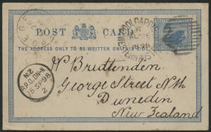 West Aust: TPO Eastern Goldfields: ‘TPO EGF/AU26/98/WA’ cds (type EG3) transit on face of Swan 1d blue postal card sent to New Zealand with ‘COOLGARDIE/WESTERN AUSTRALIA-PO’ duplex, Dunedin ‘N.Z/RPO DN-N/15SP98’ TPO transit d/s alongside, a few blemishes