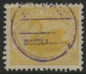 West Aust: Doodlakine: ‘POST OFFICE/DOODLAKINE’ double-ring rubber cancel in violet (undated, type CRS, recorded 1905-06 only) on Swan 2d yellow. AO 1.9.1905; P&TO 1908.