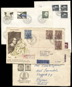 First Day Covers; group of addressed covers, incl. registered, 1947-87 (80+) and unaddressed 1966-87 (180+). Plus a bundle of information sheets. Good source for FU stamps/sets/booklet panes, postmarks and thematics. Mixed condition.