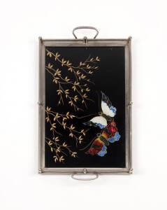 A reverse decorated glass and metal mounted butterfly pattern tray