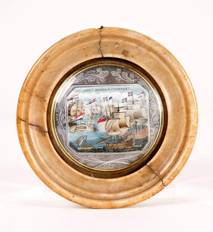 NAPOLEONIC ERA MINIATURE: c1800 miniature painting on ivory of ships titled "Admiral Duncans Victory" in reference to the Battle of Camperdown in 1797. Convex glass with reverse glass painting, original alabaster frame. 13cm overall. RARE