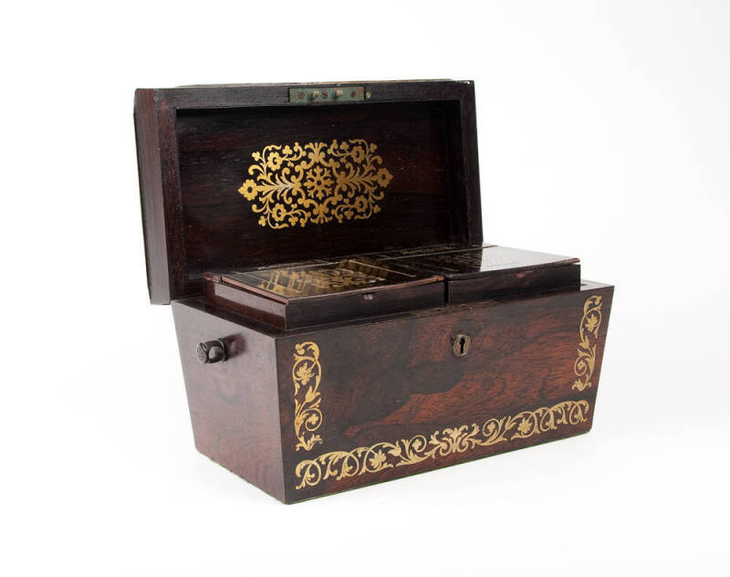 A Regency brass inlaid two division tea caddy, English circa 1820