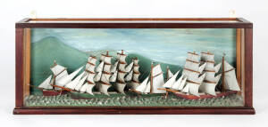 A Victorian painted diorama, English 19th century;  four ships under sail under glass; 27cm high, 57cm wide.