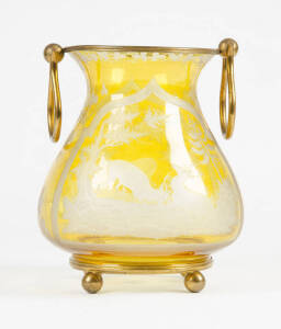 BOHEMIAN GLASS VASE: Intaglio cut lemon glass vase with deer motif & gilt metal mounts, mid 19th century. 24cm