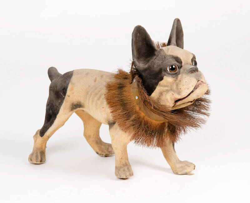 GROWLING DOG TOY: French c1900, composition & wood with glass eyes. Makes a barking noise when chain is pulled. 42cm