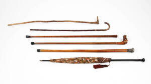 WALKING STICKS & PARASOL: Group including Chinese silver topped cane; fiddleback blackwood; carved dogs head handle etc