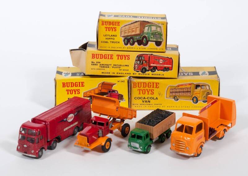 BUDGIE: Late 1950s to early 1960s Group of 'A Series' Model Vehicles consisting of Coca Cola Commercial low loader van (228) – Yellow; and, Leyland Hippo Coal Truck (206) – Green and Brown; and, Euclid Tipper Truck (242) – Red and Orange; and, Pluto Esso