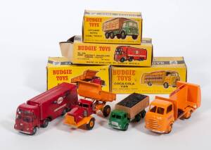 BUDGIE: Late 1950s to early 1960s Group of 'A Series' Model Vehicles consisting of Coca Cola Commercial low loader van (228) – Yellow; and, Leyland Hippo Coal Truck (206) – Green and Brown; and, Euclid Tipper Truck (242) – Red and Orange; and, Pluto Esso 