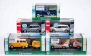 CARARAMA: 1:43 group of Model Cars including VW 1962 Combi Van with Caravan (CAR147-01) – Yellow; and, Ford F1 1948 Pick Up (C251XD-008) – Blue; and, Mercedes-Benz 190SL Cabriolet (CAR147-07) – off white. All mint in original display cars. (9 items)