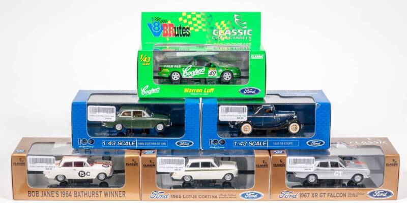 CLASSIC CARLECTABLES: 1:43 Group of Ford Model Cars consisting of 1967 1st Bathurst Ford Falcon XRGT GREE (43566) – Dark Green; and, 1965 Ford Cortina GT500 (43562) – Ivy Green; and, 1934 Ford Utility (43564) – Cream. All mint in original perspex display