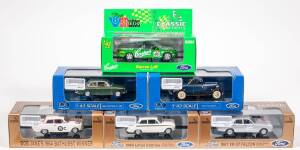 CLASSIC CARLECTABLES: 1:43 Group of Ford Model Cars consisting of 1967 1st Bathurst Ford Falcon XRGT GREE (43566) – Dark Green; and, 1965 Ford Cortina GT500 (43562) – Ivy Green; and, 1934 Ford Utility (43564) – Cream. All mint in original perspex display 