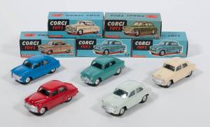 CORGI: Late 1950s Group of Model Cars, Predominantly with Mechanical Motors Consisting of Mechanical Ford Consul Saloon (200M) – Mid-Blue; Austin Cambridge Saloon (201) – Aqua; And Mechanical Austin Cambridge Saloon (201M) – Cream; And, Mechanical Morris 