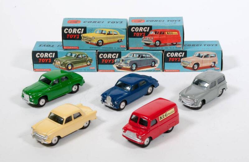 CORGI: Late 1950s group of model aars all with Mechanical Motors consisting of Mechanical Rover 90 Saloon (204M) – Green; Mechanical Riley Pathfinder Saloon (205M) – Dark Blue; And Mechanical Hillman Husky (206M) – Grey; and, Mechanical Standard Vanguard