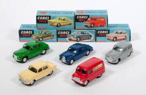 CORGI: Late 1950s group of model aars all with Mechanical Motors consisting of Mechanical Rover 90 Saloon (204M) &ndash; Green; Mechanical Riley Pathfinder Saloon (205M) &ndash; Dark Blue; And Mechanical Hillman Husky (206M) &ndash; Grey; and, Mechanical Standard Vanguard 