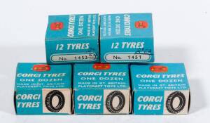 CORGI: Group of Tyre Pack Accessories consisting of 17mm O. DIA. (1451); and, 19mm O. DIA. (1452); and, 12.7mm O.D. (1453). Each box containing 12 tyres (quantities not checked). Mint in original blue cardboard boxes. (5 items)