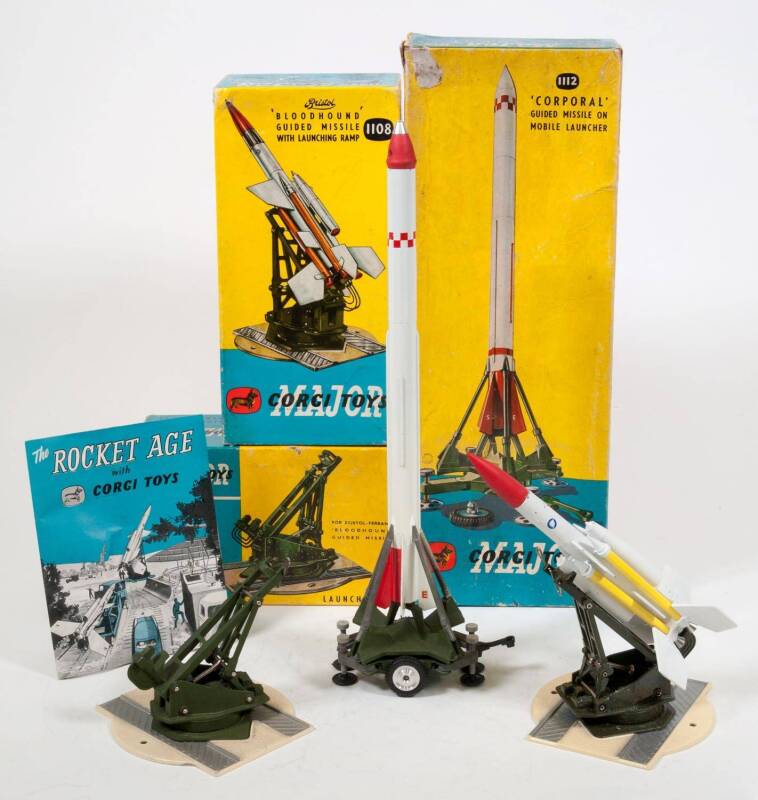 CORGI: Late 1950s to early 1960s group of ‘Corgi Major’ ‘Rocket Age Models’ consisting of Bloodhound Guided Missile with Launching Ramp (1108); and, Corporal Guided Missile on Mobile Launcher (1112), and, Guided Missile Launcher (1116). All mint in good+