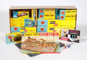 CORGI: Early 1960s &lsquo;Corgi Gift Set&rsquo; Silverstone Racing Layout (GS15) containing the vehicles Vanwall F1 Racing Car (150S); and, BRM F1 Racing Car (152S); and, Ferrari F1 Racing Car (154); and, Ford Thunderbird Convertible (215S); and, Mercedes 300 SL Hard