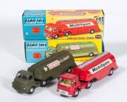 CORGI: 1960s ‘Corgi Major’ pair of Fuel Tankers consisting of Army Fuel Tanker (1134)- Army Green; and, Mobil Petrol Tanker (1140) – Red. Mint in excellent yellow and blue picture boxes with original packing pieces. (2 items)