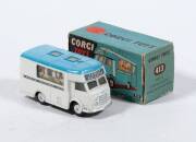 CORGI: Early 1960s Smiths Karrier Bantam Mobile Butchers Shop &lsquo;Family Butchers&rsquo; (413) &ndash; white with a light blue top. Near mint in original good blue cardboard box.