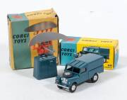 CORGI: Late 1950s to early 1960s pair of Airforce models consisting of Land Rover R.A.F. Vehicle (315) – Greyish Blue; and, Decca Airfield Control Radar 424 Scanner (353) – greyish blue and orange. Both models mint in original yellow and blue cardboard bo