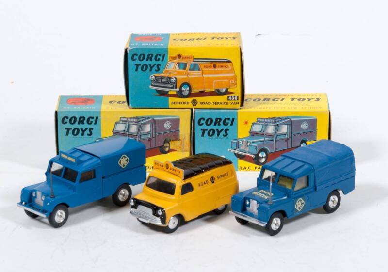 CORGI: Late 1950s to early 1960s group of Road Service vehicles consisting of Bedford AA Road Service Van (408) – Yellow with Black Roof; and, R.A.C. Radio Rescue Land Rover (416) - blue with blue metal canopy; and, R.A.C. Radio Rescue Land Rover (416S) –