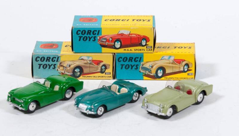 CORGI: Late 1950s to early 1960s group of sports cars consisting of Triumph T.R.2 Sports Car (301) – Green with White Seats; and, M.G.A. Sports Car (302) – Metallic Green Body with White Seats; and, Triumph T.R.3 Sports Car (305) – Light Green with Red Se