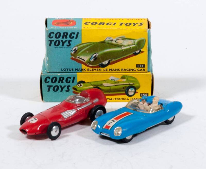 CORGI: Late 1950s to early 1960s pair of racing cars consisting of Vanwall ‘Formula 1 Grand Prix’ (150) – Red; and, Lotus Mark Eleven Le Mans Racing Car (151A) – Blue with Red Seats, Racing Number 7 and Driver. All mint in original yellow and blue cardboa