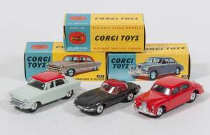 CORGI: Late 1950s to Early 1960s Group of Model Cars Consisting of Riley Pathfinder Saloon (205) – Red; And, Standard Vanguard III Saloon (207) – Pale Green with Red to Top of Roof Only; And, Jaguar E Type (307) - Metallic Grey Body, Brown Interior and Re