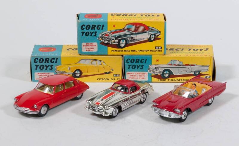 CORGI: Early 1960s Group of Model Cars with Spring Suspension Consisting of Citroen D.S. 19 (210S) – Red with Yellow Interior; And, Ford Thunderbird Open Sports (215S) – Red with Orange Interior and Silver Seats; And, Mercedes-Benz 300 SL Hardtop Roadster