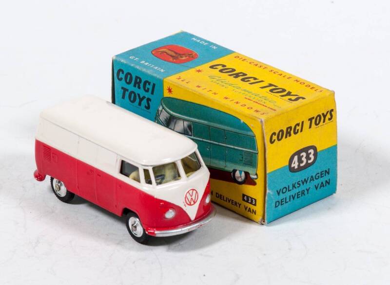 CORGI: Early 1960s Volkswagen Delivery Van (433) – Two tone red and white Van with Yellow Interior. Mint in original yellow and blue cardboard box.