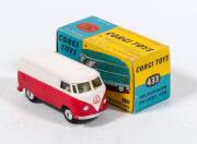 CORGI: Early 1960s Volkswagen Delivery Van (433) &ndash; Two tone red and white Van with Yellow Interior. Mint in original yellow and blue cardboard box.
