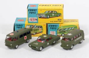 CORGI: 1960s Group of military vehicles consisting of Commer Military Ambulance (354) – Army Green with Red Interior and one Figure; and, H.Q. Staff Car (358) – Army Green with Red Interior and four Figures; and, VW U.S. Personnel Carrier (356) – Army Gre