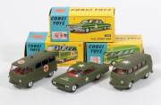 CORGI: 1960s Group of military vehicles consisting of Commer Military Ambulance (354) &ndash; Army Green with Red Interior and one Figure; and, H.Q. Staff Car (358) &ndash; Army Green with Red Interior and four Figures; and, VW U.S. Personnel Carrier (356) &ndash; Army Gre