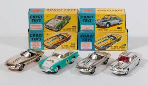 CORGI: 1960s Group of Competition Model Racing Cars consisting of Aston Martin (309) - Turquoise and White with Yellow Interior; and, a pair of ‘E’ Type Jaguars (312) – one Rose Chrome plated finish and the other Silver Chrome plated finish with Driver Fi