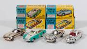 CORGI: 1960s Group of Competition Model Racing Cars consisting of Aston Martin (309) - Turquoise and White with Yellow Interior; and, a pair of &lsquo;E&rsquo; Type Jaguars (312) &ndash; one Rose Chrome plated finish and the other Silver Chrome plated finish with Driver Fi