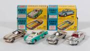 CORGI: 1960s Group of Competition Model Racing Cars consisting of Aston Martin (309) - Turquoise and White with Yellow Interior; and, a pair of ‘E’ Type Jaguars (312) – one Rose Chrome plated finish and the other Silver Chrome plated finish with Driver Fi