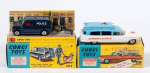 CORGI: Late 1960s pair of Emergency Vehicles consisting of Cadillac Superior Ambulance (437) &ndash; Blue and White with Flashing Light; and, B.M.C. Mini Poilice Van with Tracker Dog (448) &ndash; Dark Blue with Red Interior and Plastic Police and Dog Figures. Both m